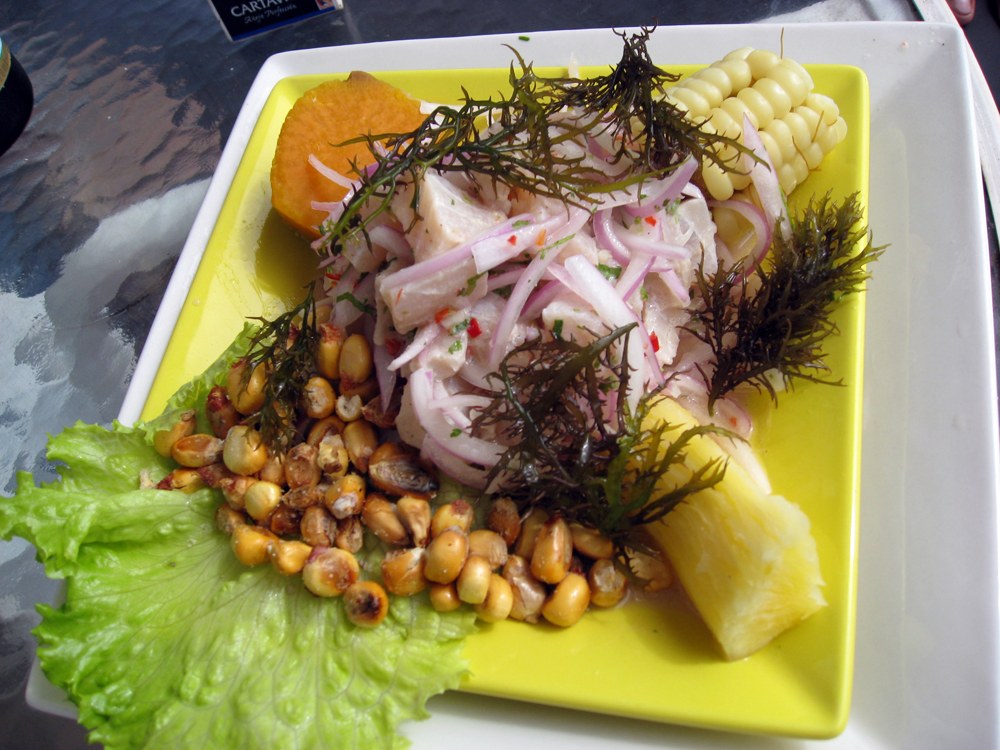 Peruanisches Ceviche mit Fischwürfeln, roter Zwiebel und Koriander