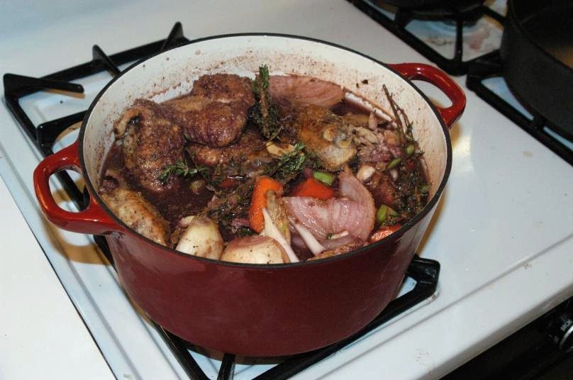 Coq au vin im roten Schmortopf auf dem Herd